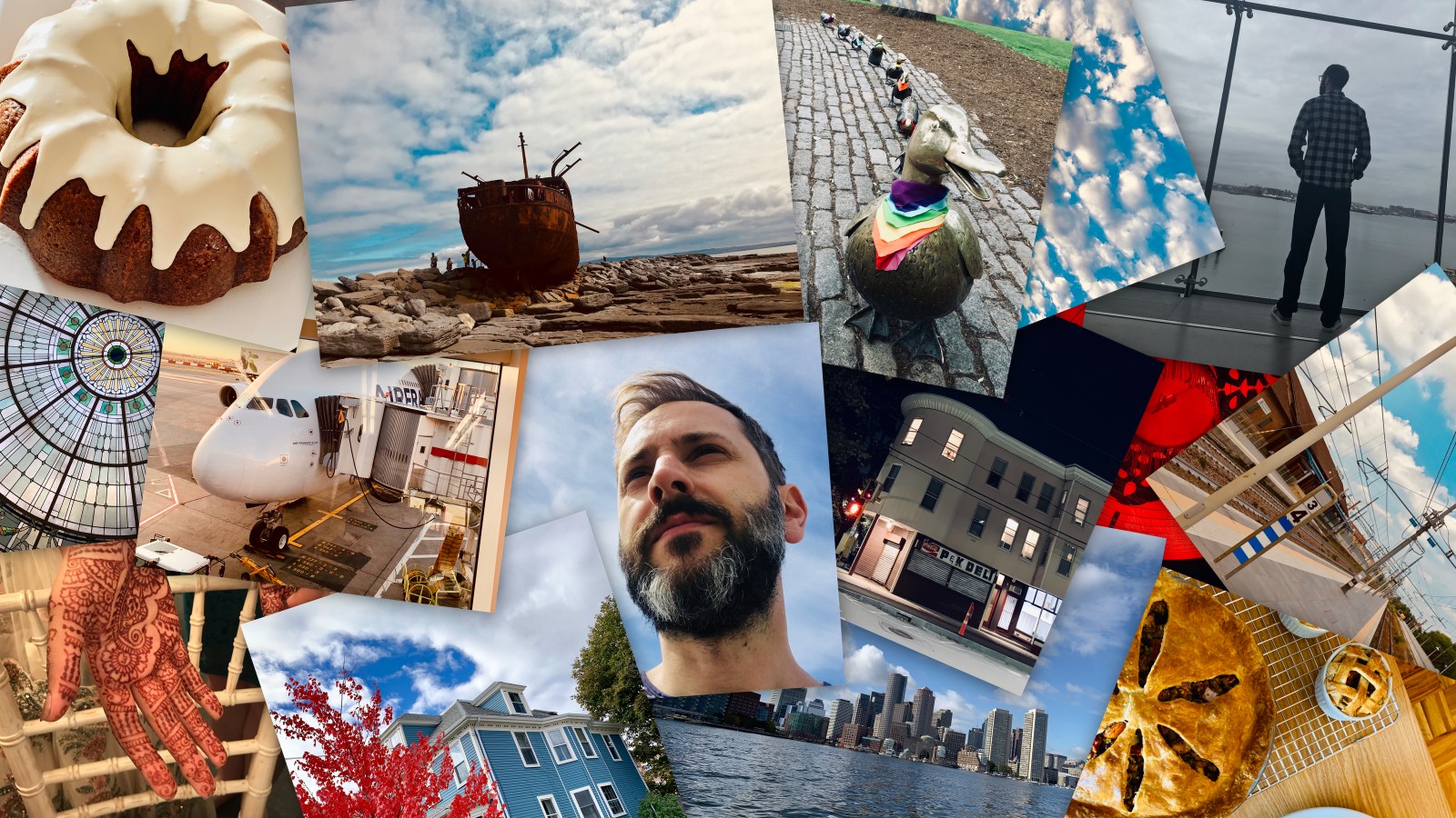Collage of photos: lemon bundt cake, Baltimore station's glass ceiling, hand with henna, Airbus A380, shipwreck in Inis Oírr, Blue house and tree with red leaves, bearded man, Boston ducklings sculpture, cloudy sky, corner store in the night, ICA Boston glass wall, Imola train station, Boston skyline from the harbor, veggie pie