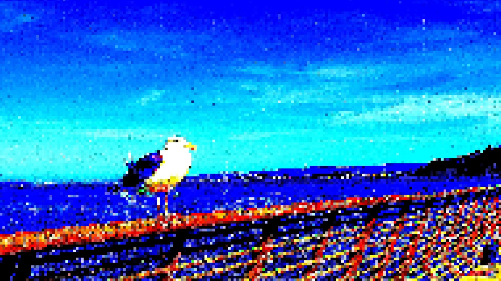 Pixelated photo of seagull at Pier 14, San Francisco