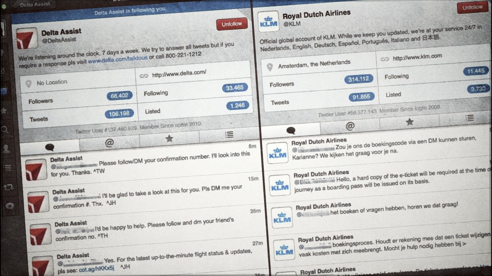 Tweetbot screenshot with @DeltaAssist and @KLM Twitter accounts