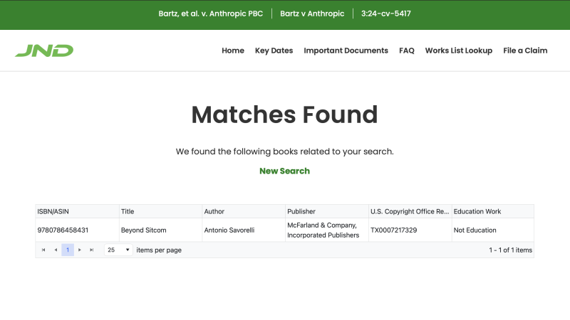 Screenshot from the Anthropic class action website, showing that my book, “Beyond Sitcom”, is in the works list